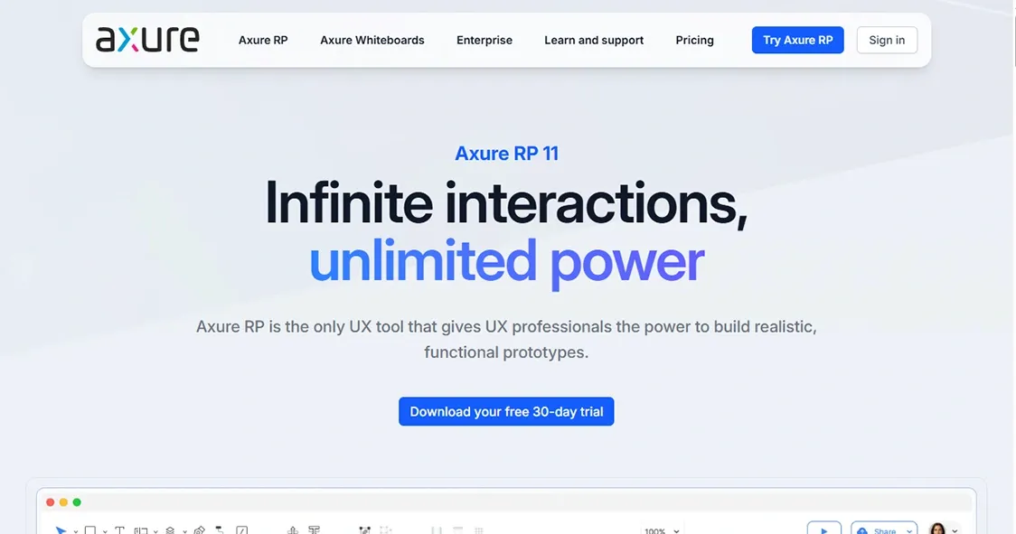 Axure RP website hero section promoting UX prototyping and interactive design tools.