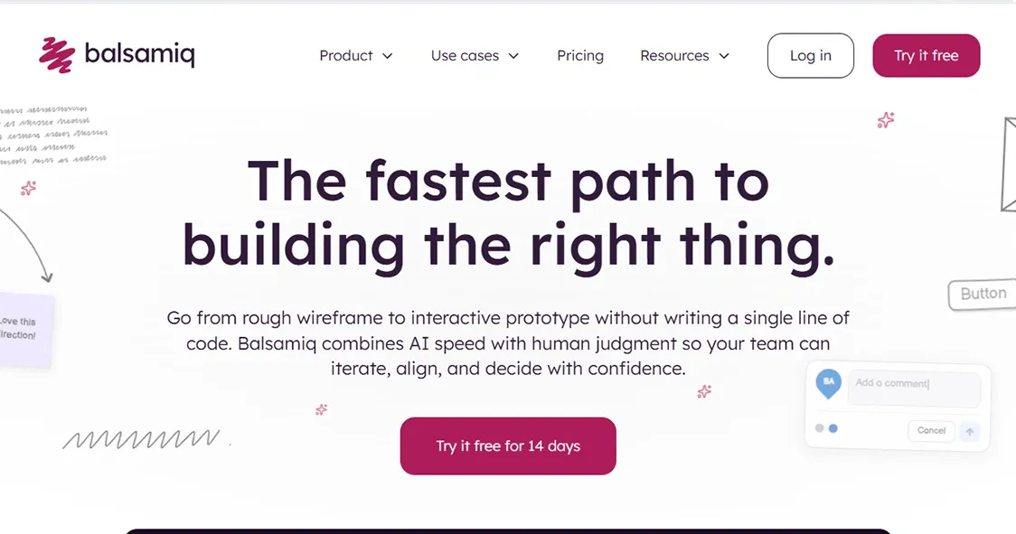 Balsamiq homepage showing wireframe and prototyping features with a free trial button.