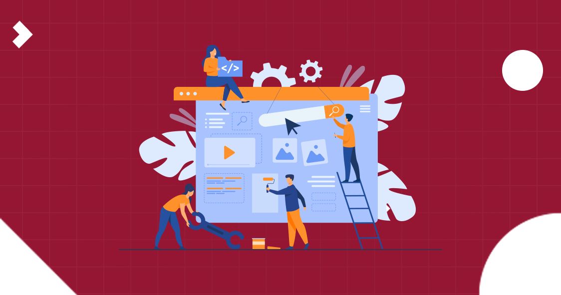 Flat illustration of a team building and optimizing a website interface.