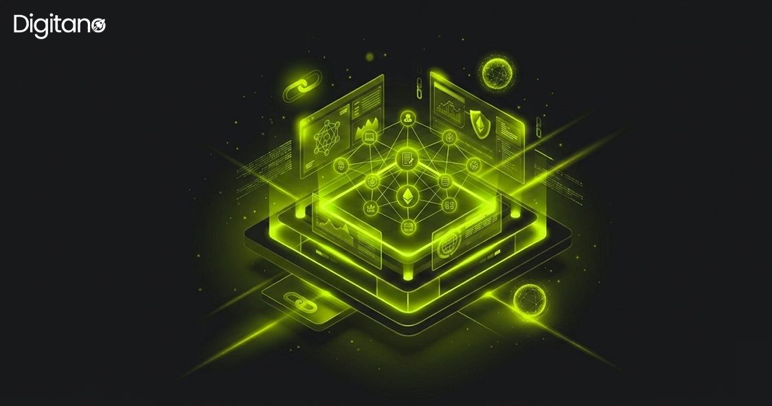 Neon green holographic visualization of a blockchain network and decentralized applications.