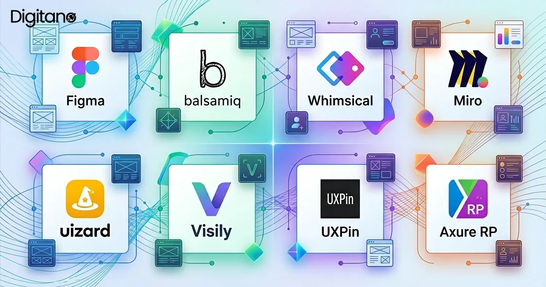 Comparison graphic featuring UX design and prototyping tools including Figma, Balsamiq, Whimsical, Miro, Uizard, Visily, UXPin, and Axure RP.