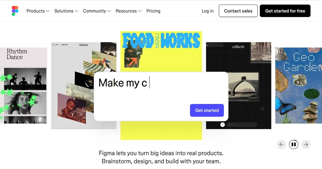 Figma homepage showing design projects, collaboration tools, and a get started button.