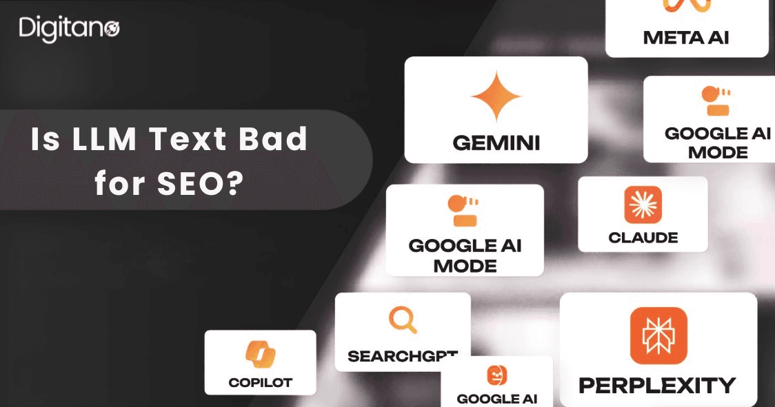Blog banner with AI tools logos and headline “Is LLM Text Bad for SEO?”
