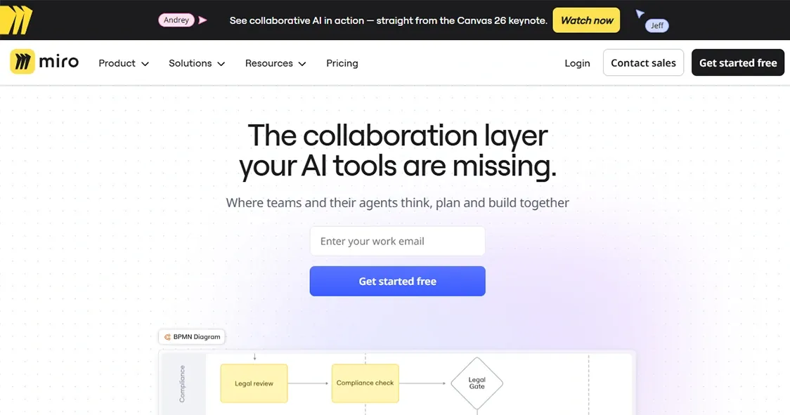 Miro homepage showing an AI collaboration platform for teams to plan, think, and build together.
