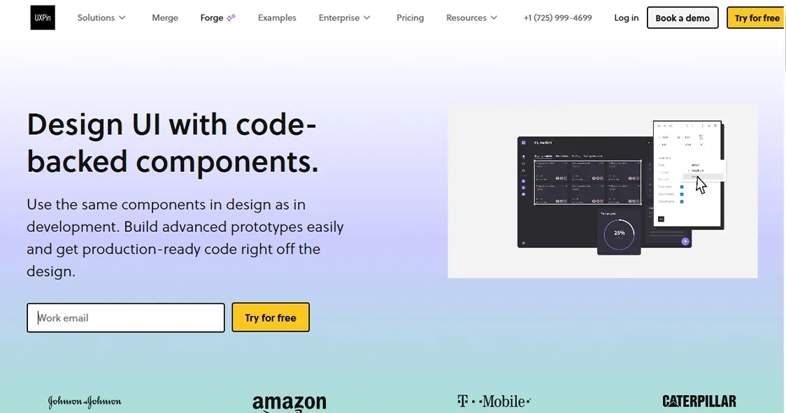 UXPin homepage showing a UI design tool for creating code-backed components and advanced prototypes.