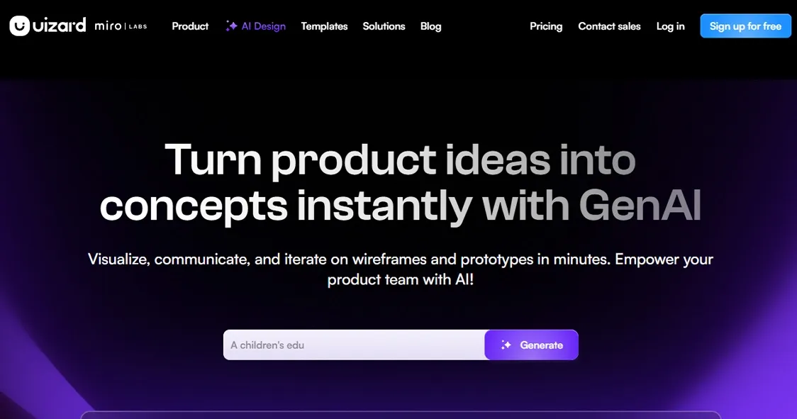 Uizard homepage showing an AI design tool for creating wireframes, prototypes, and product concepts.
