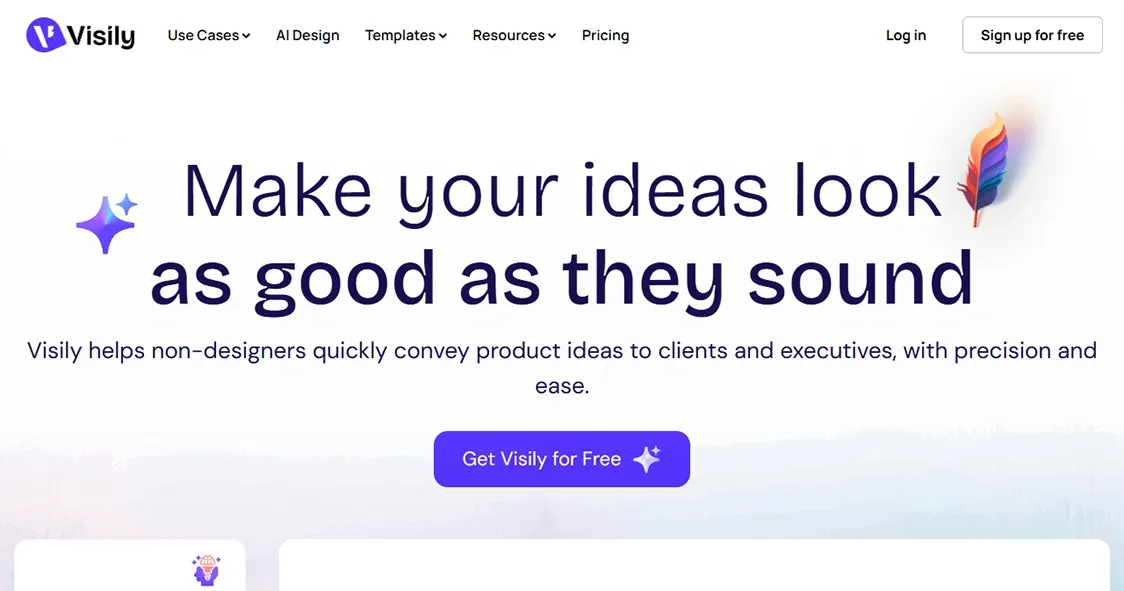 Visily homepage showing an AI design tool for turning product ideas into clear visual concepts.
