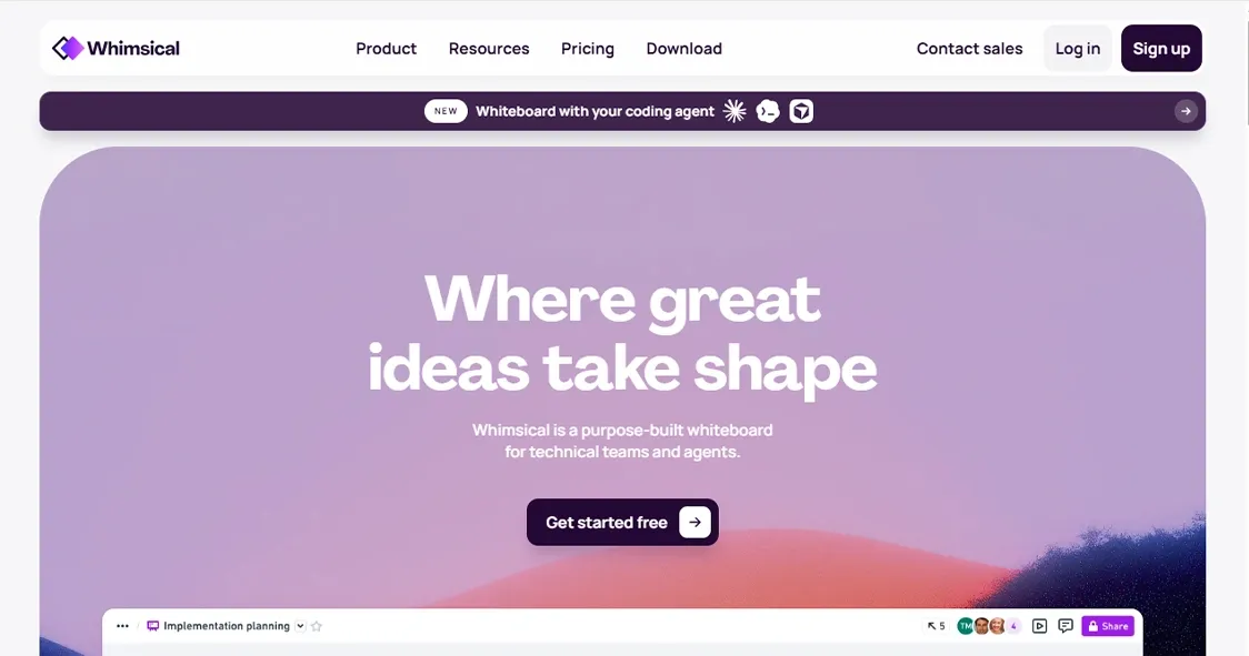 Whimsical homepage showing an online whiteboard platform for ideas, planning, and technical teams.