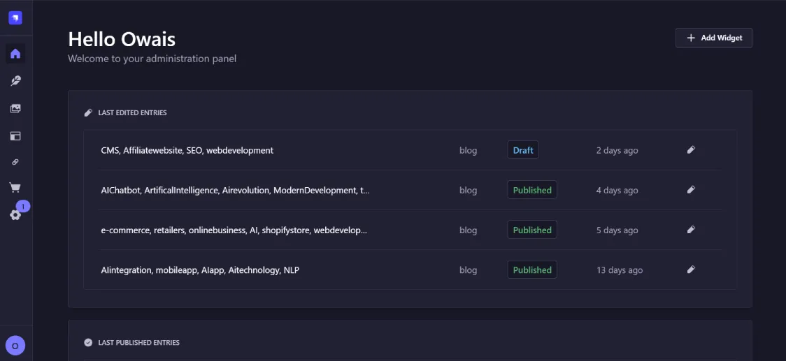 Affiliate CMS admin dashboard showing recently edited blog entries