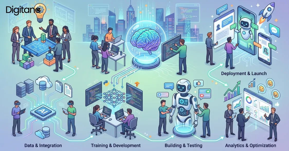AI chatbot development process from data integration to testing, launch, and analytics