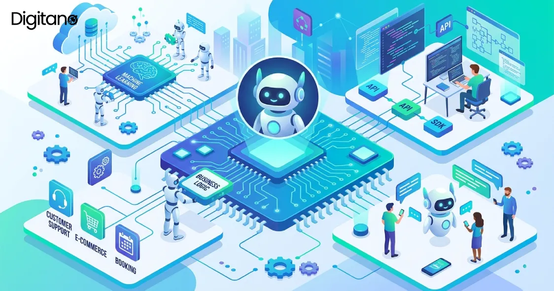 AI chatbot connected with customer support, ecommerce, booking, and business systems