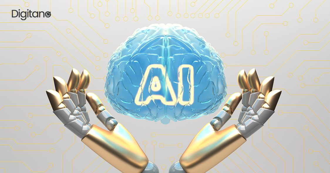 Two golden robotic hands holding a glowing blue digital brain with the letters "AI" in the center against a circuit board background.