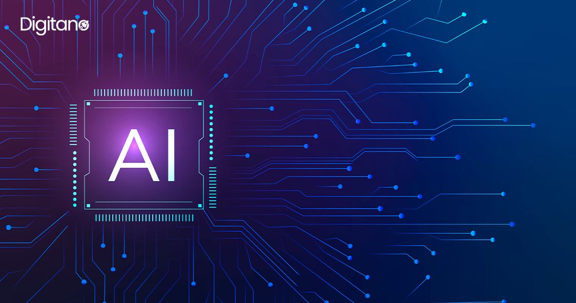 A glowing purple and blue AI microchip centered on a complex digital circuit board with light trails.