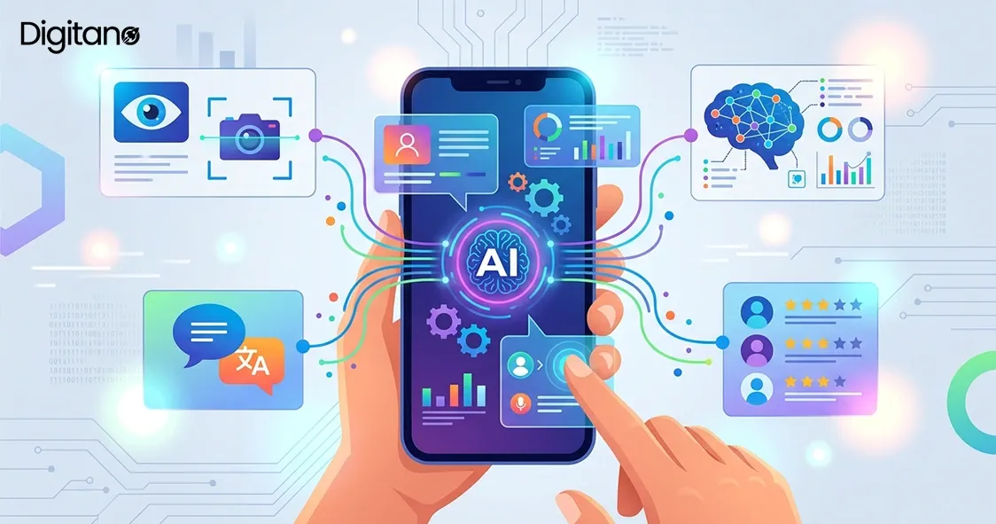 AI-powered mobile app showing smart features, analytics, chat, and personalization