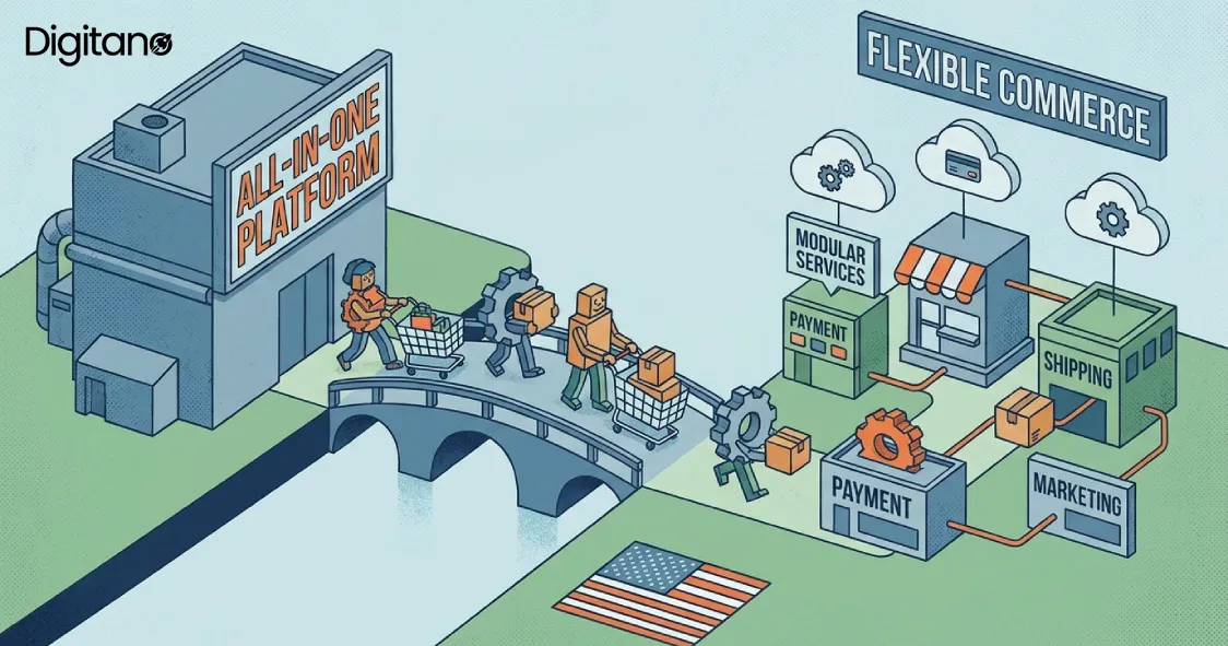 Illustration comparing an all-in-one e-commerce platform to a flexible, modular commerce setup with separate payment, shipping, and marketing services.