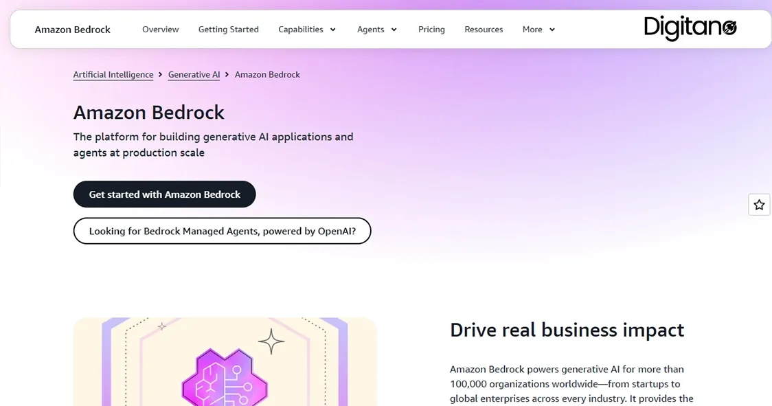 Amazon Bedrock page for building generative AI applications and agents