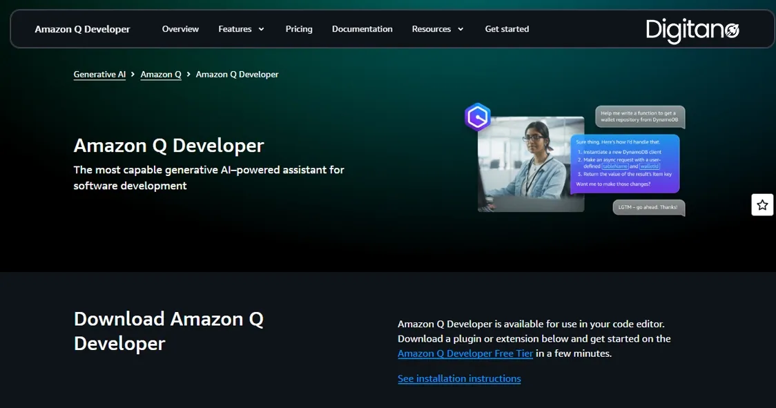 Amazon Q Developer page showing a generative AI assistant for software development
