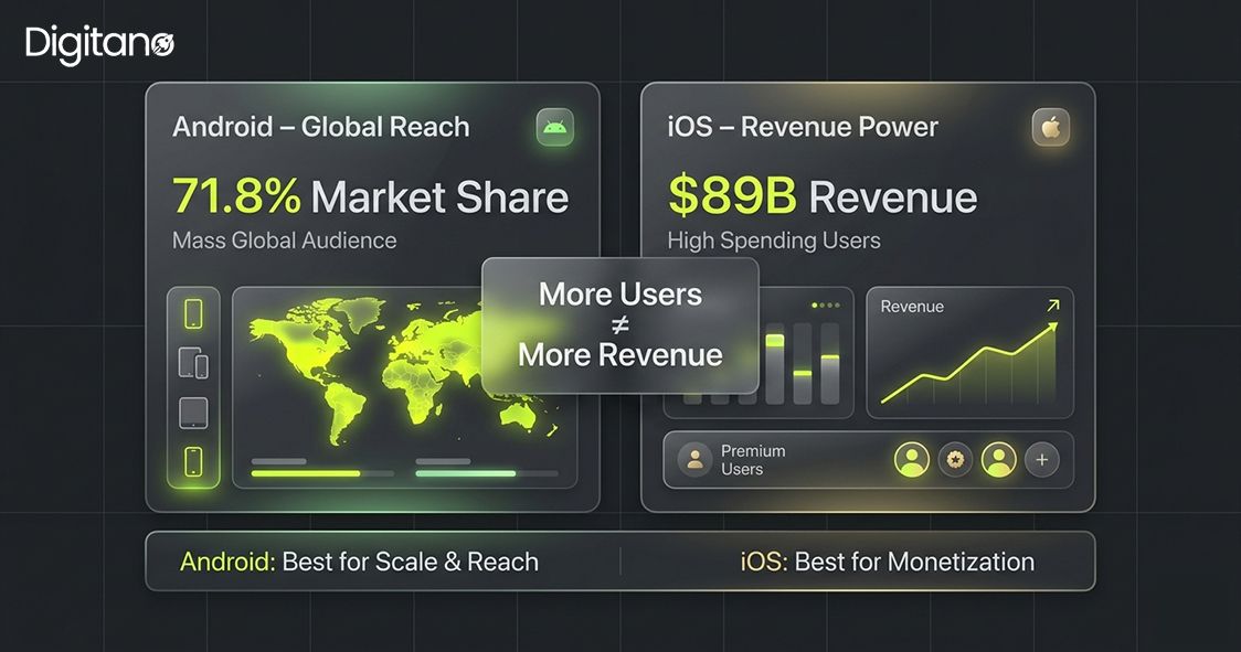 Android and iOS comparison showing Android market share and iOS app revenue power.