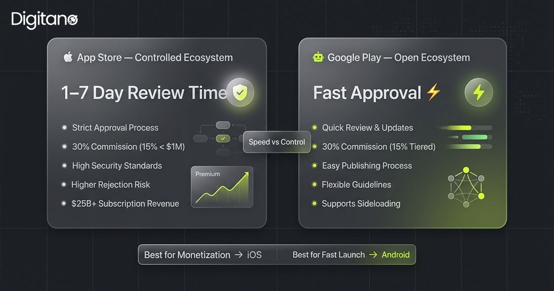 pp Store and Google Play comparison showing review time, approval process, fees, and publishing speed.