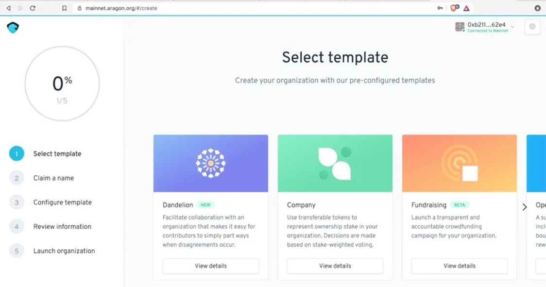 Aragon interface showing DAO organization templates like Company and Fundraising.