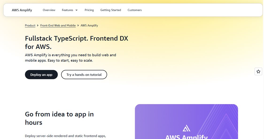 AWS Amplify platform interface for building scalable fullstack web and mobile applications with TypeScript support