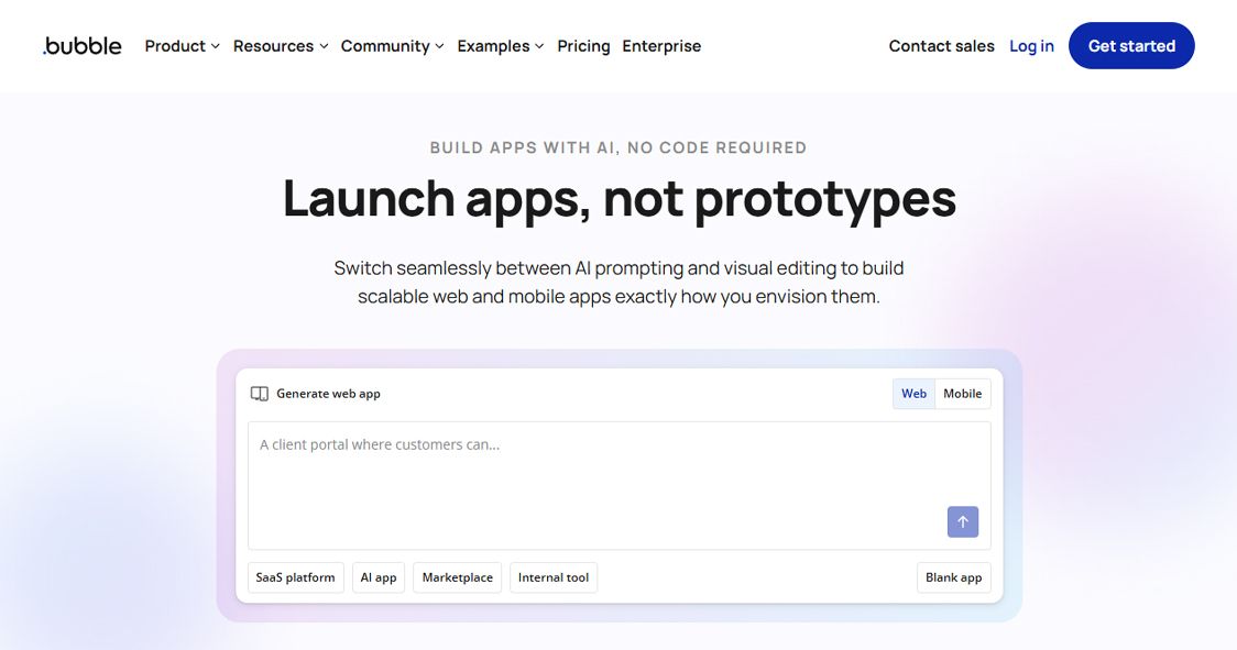 Bubble no-code app development platform interface for building web and mobile apps with AI and visual editing tools