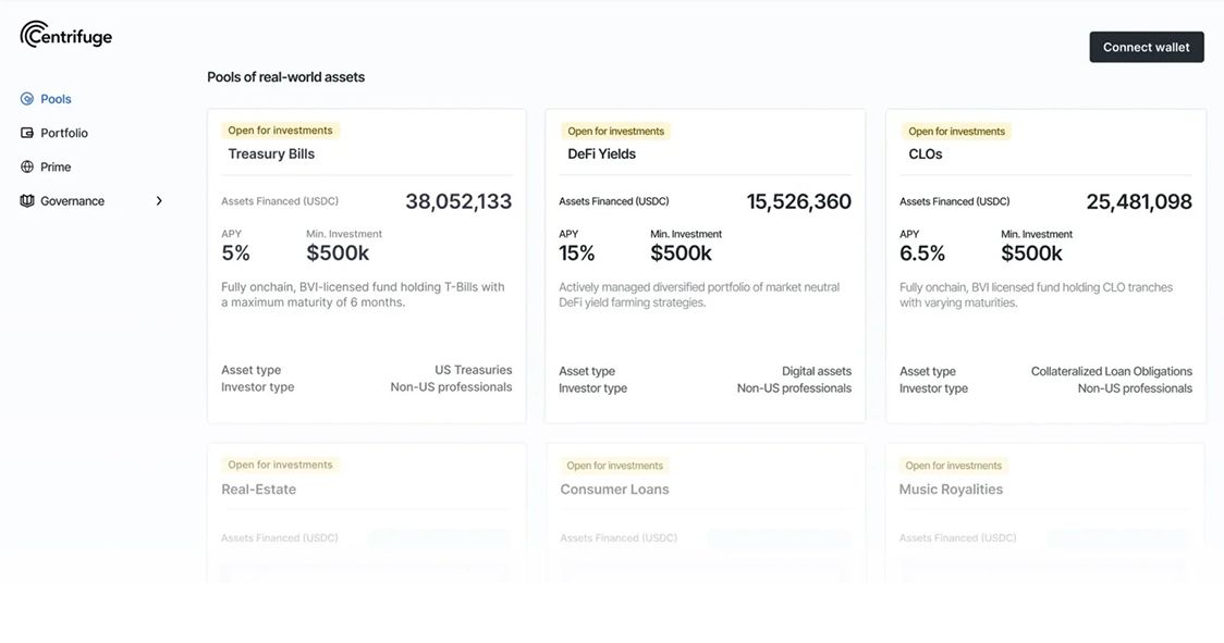 Dashboard showing investment pools for real-world assets like Treasury Bills and DeFi yields.