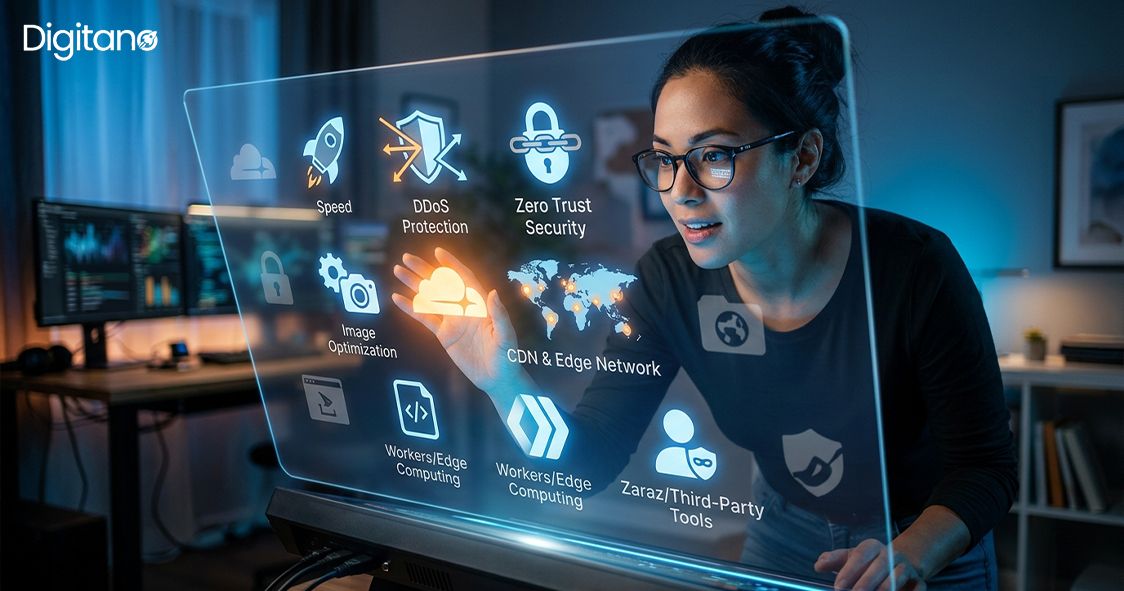 Digital dashboard showing Cloudflare-style security, speed, DDoS protection, CDN, and edge computing tools.