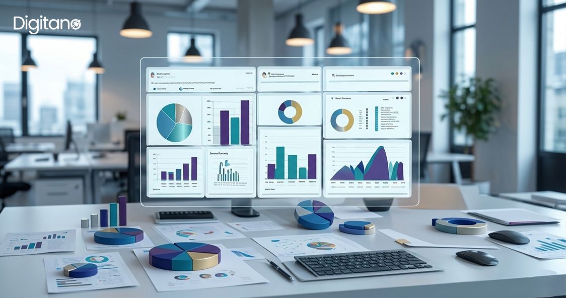 A modern office workspace featuring a computer screen displaying a data analytics dashboard with charts and graphs, surrounded by printed reports, pie charts, and office accessories on a desk.