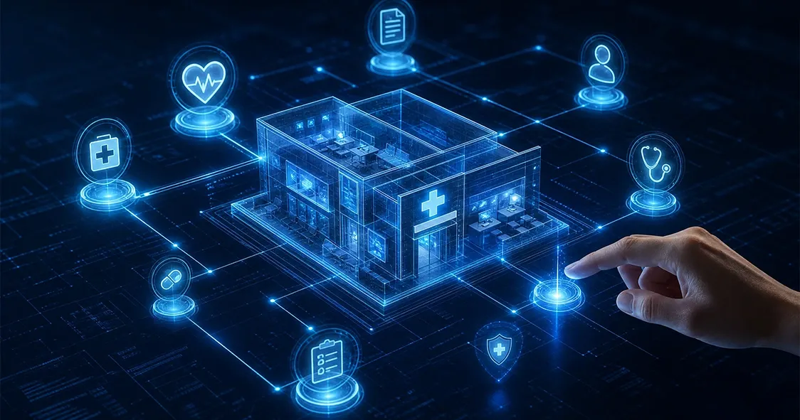Digital healthcare clinic network with connected medical icons