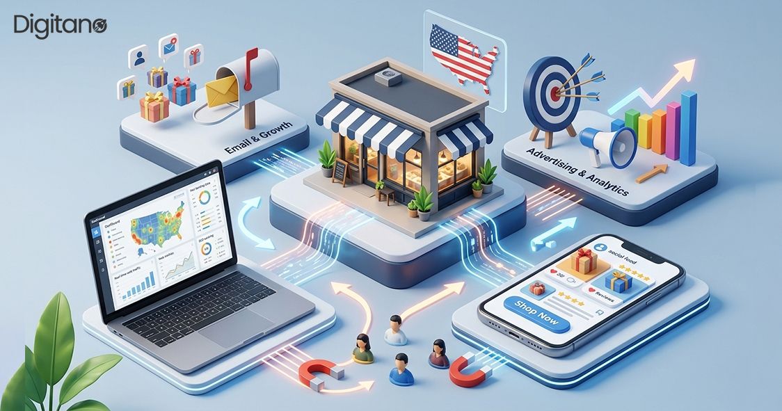 Local business digital marketing strategy with SEO analytics, email marketing, ads, and online shopping icons.
