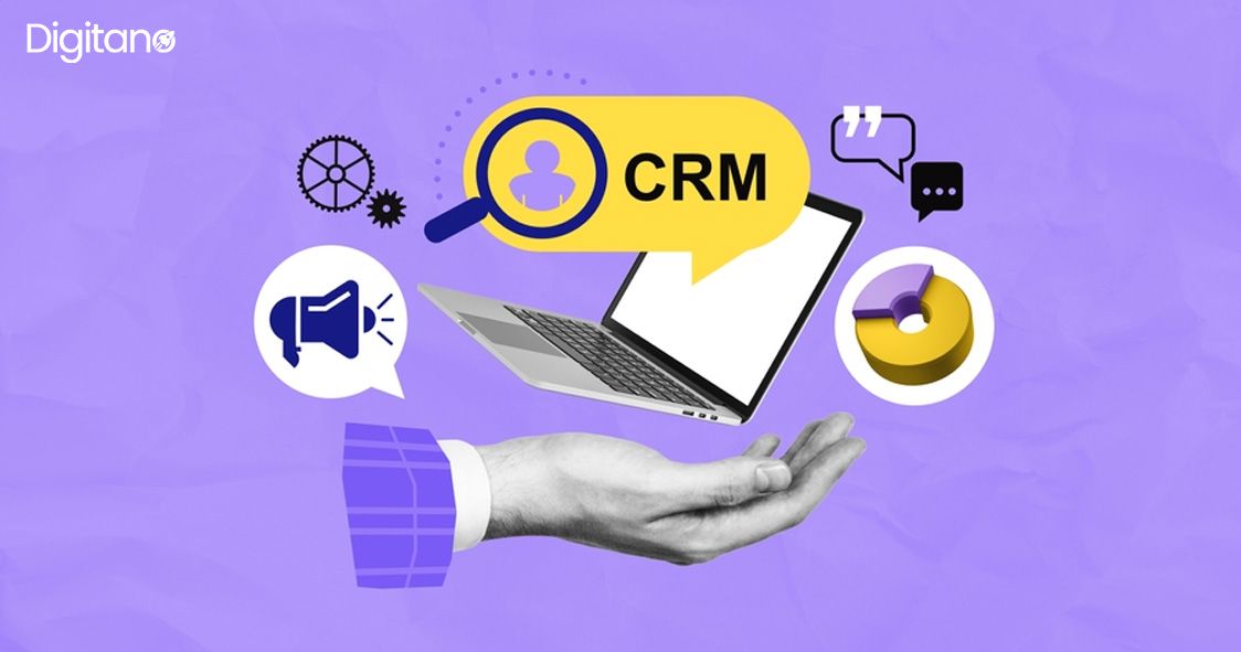 A conceptual collage featuring a hand holding a laptop with floating icons for CRM, data analytics, megaphone marketing, and customer communication on a purple background.