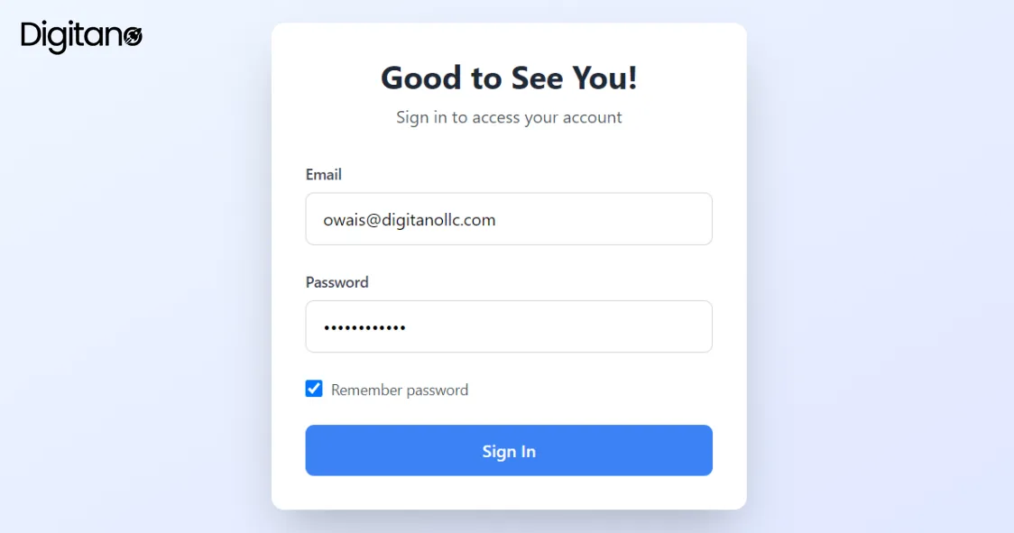 Digitano employee tracking system login screen