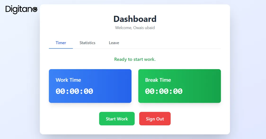 Digitano live work timer dashboard showing work time and break time