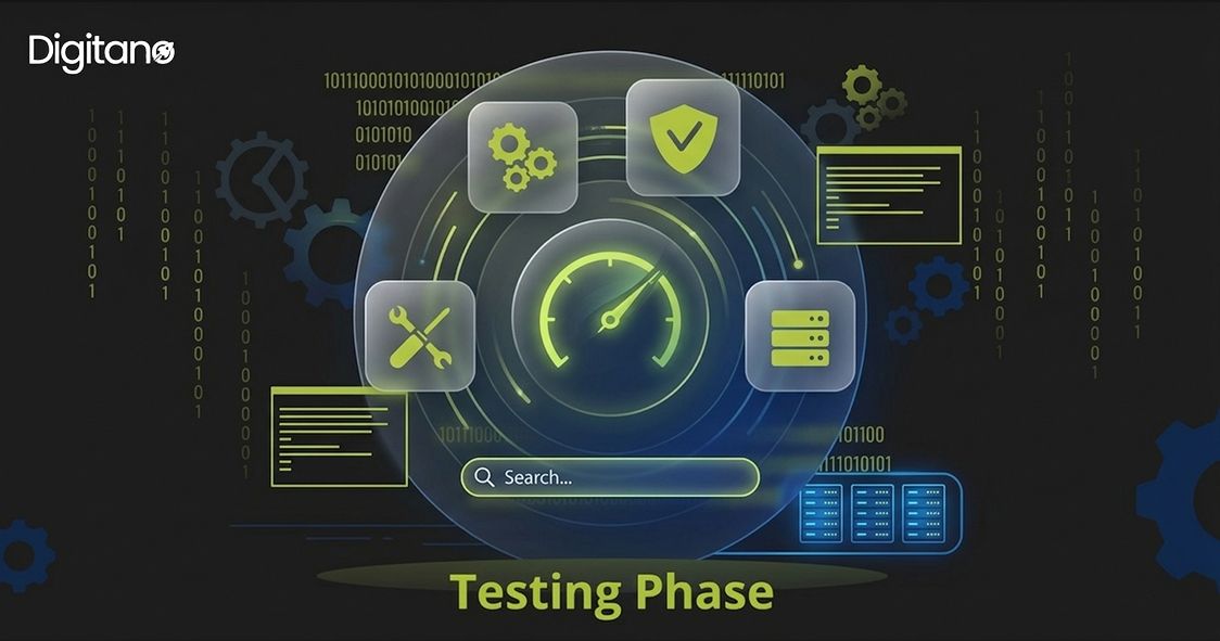 Graphic illustrating the testing phase with icons for security, performance, and data validation.
