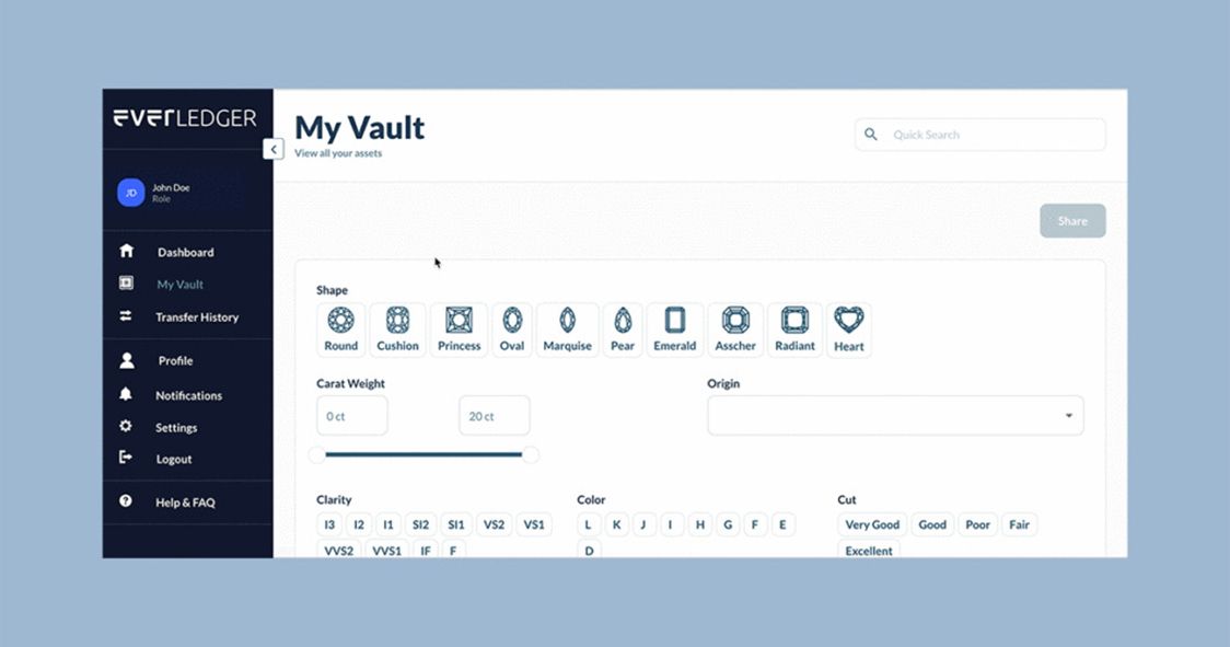 Everledger dashboard "My Vault" showing diamond tracking filters for shape, carat, and clarity.