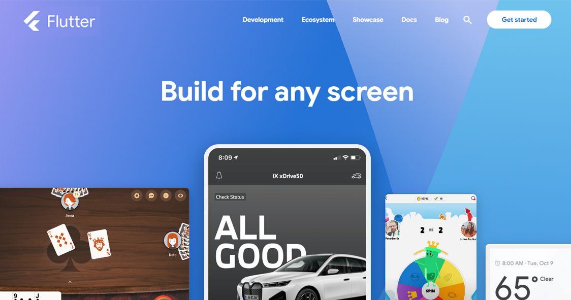 Flutter app development platform homepage showcasing cross-platform mobile app interfaces and responsive design