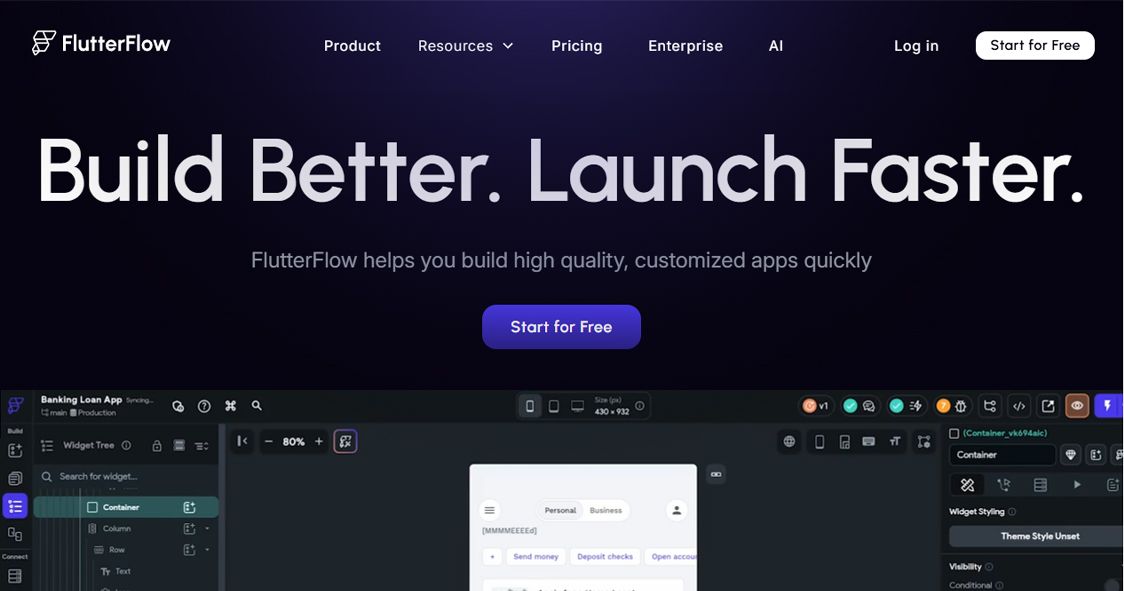 FlutterFlow no-code app builder platform interface for creating customized mobile applications quickly