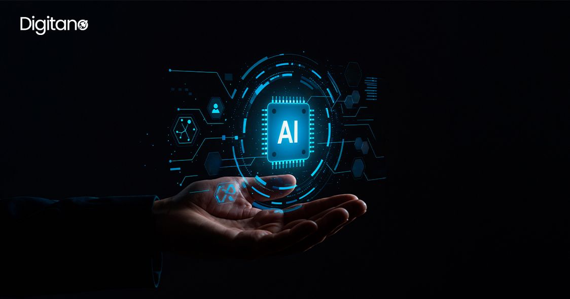 A human hand held out with a holographic AI processor chip floating above it, surrounded by digital interface icons on a dark background.