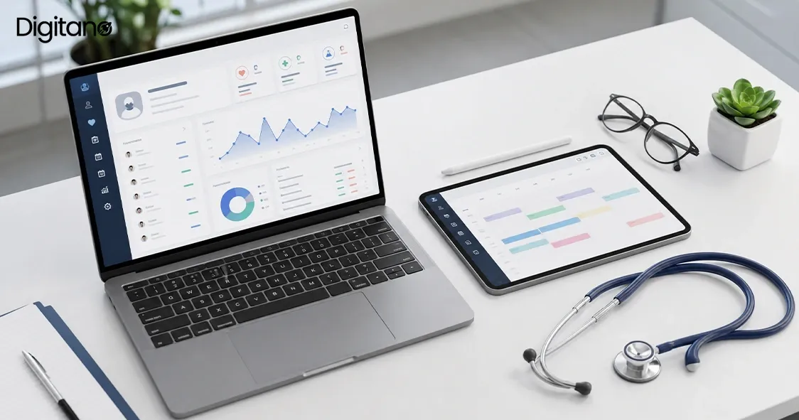 Healthcare software dashboard on laptop and tablet with stethoscope