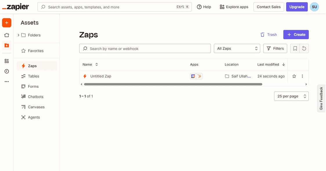 Zapier dashboard interface showing a list of automated "Zaps," featuring a connection between Google Sheets and HubSpot.
