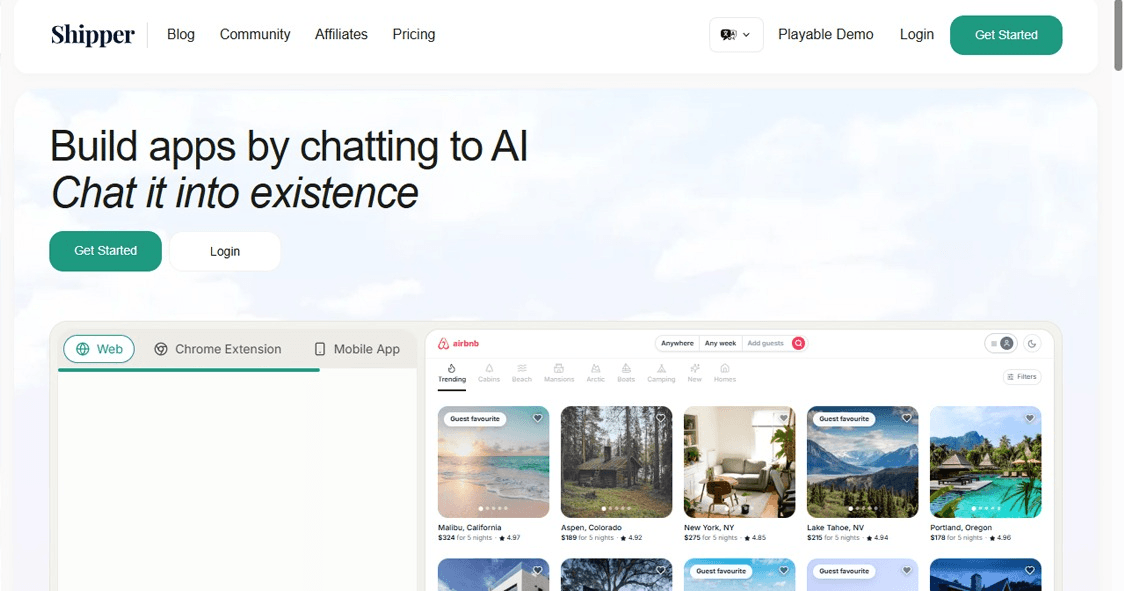 The Shipper landing page featuring the headline "Build apps by chatting to AI" and a preview of a web application interface being generated.