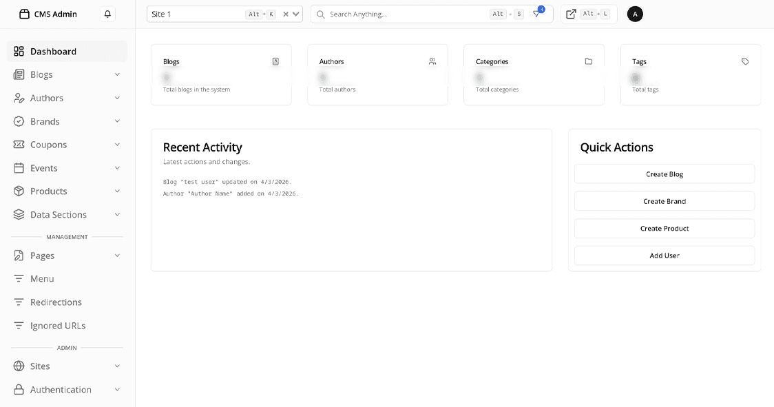 A CMS Admin dashboard showing a "Recent Activity" log and "Quick Actions" for creating blogs, brands, and products, with a sidebar navigation for managing content, pages, and site settings.