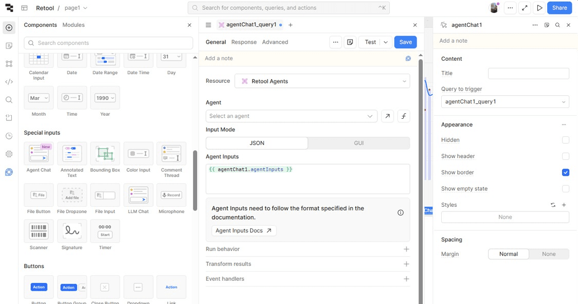 The Retool development interface showing a workspace for building AI agents, with a component library on the left and a query editor for "Retool Agents" in the center.