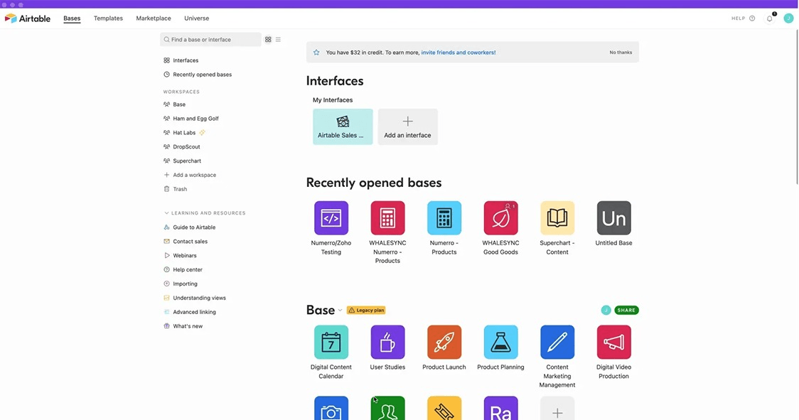 Airtable home screen displaying a workspace with various "Bases" and "Interfaces," including templates for digital content calendars, product launches, and user studies.