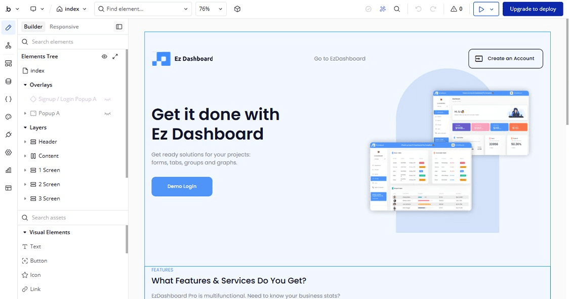The Bubble.io editor interface showing an "Ez Dashboard" web page under construction, with the Elements Tree and Visual Elements panel on the left.
