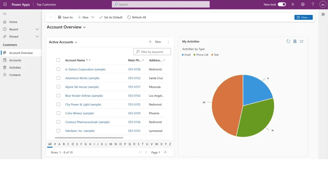 Microsoft Power Apps interface displaying an "Account Overview" with a list of active accounts and a pie chart breakdown of user activities by type.