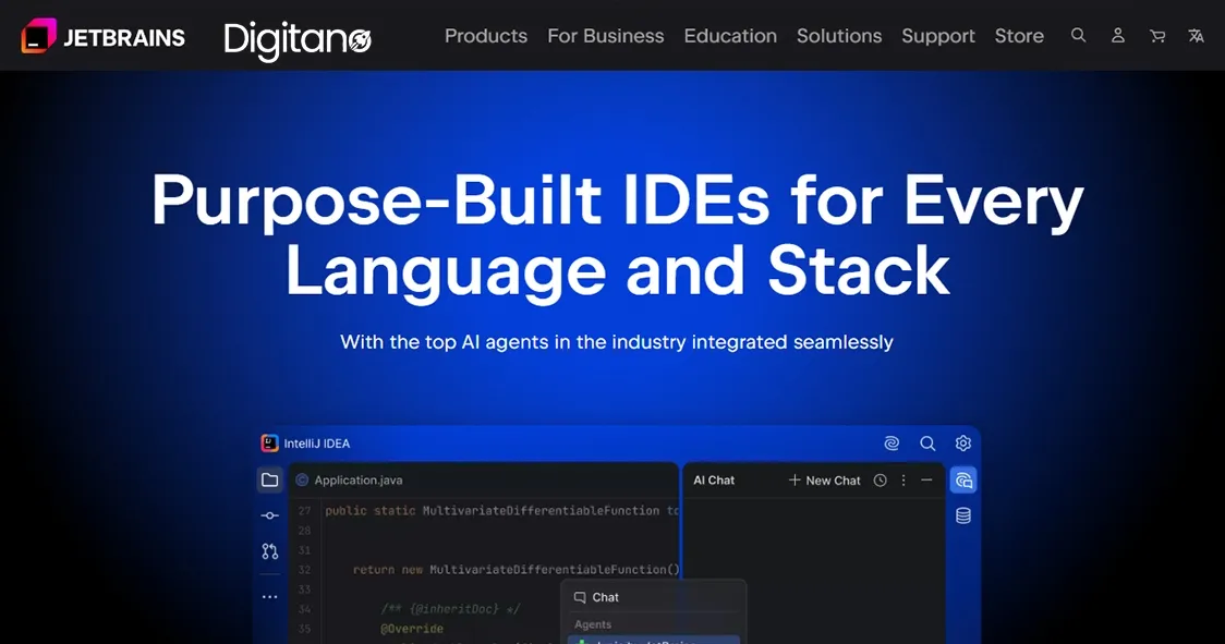 JetBrains page showing purpose-built IDEs with integrated AI agents