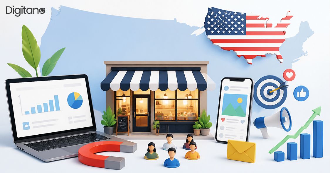 Local SEO strategy for US small businesses with online marketing, customer targeting, and growth icons.