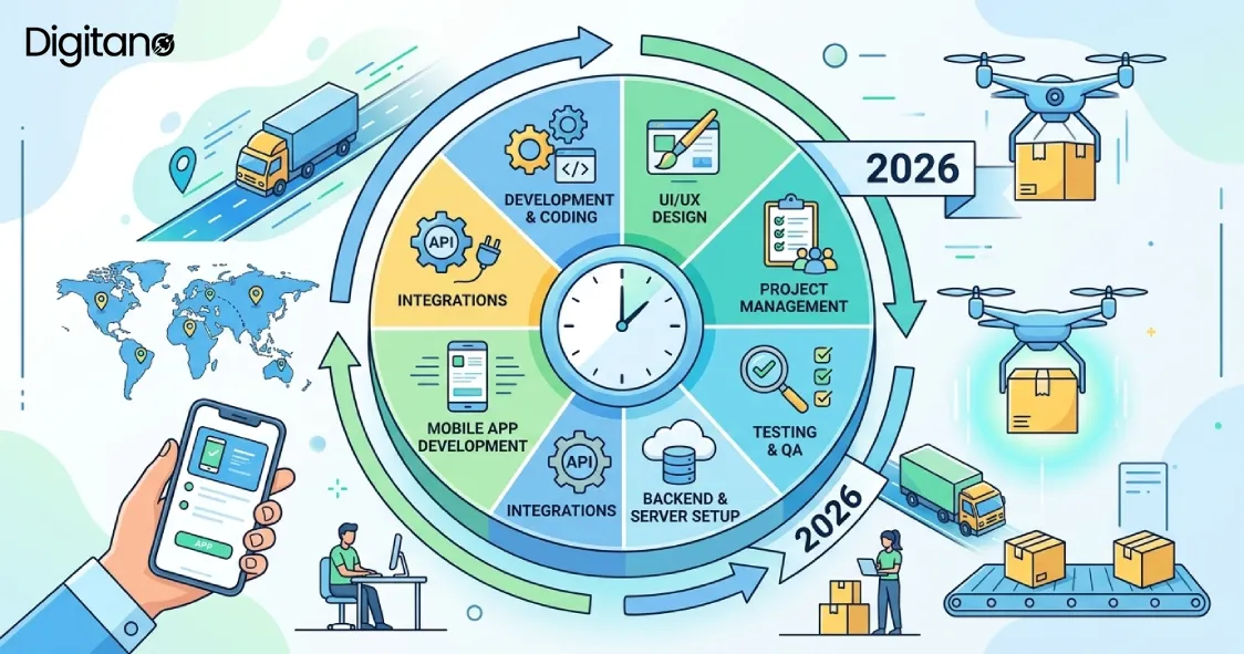 Logistics app development cost stages including design, coding, backend setup, integrations, testing, and project management